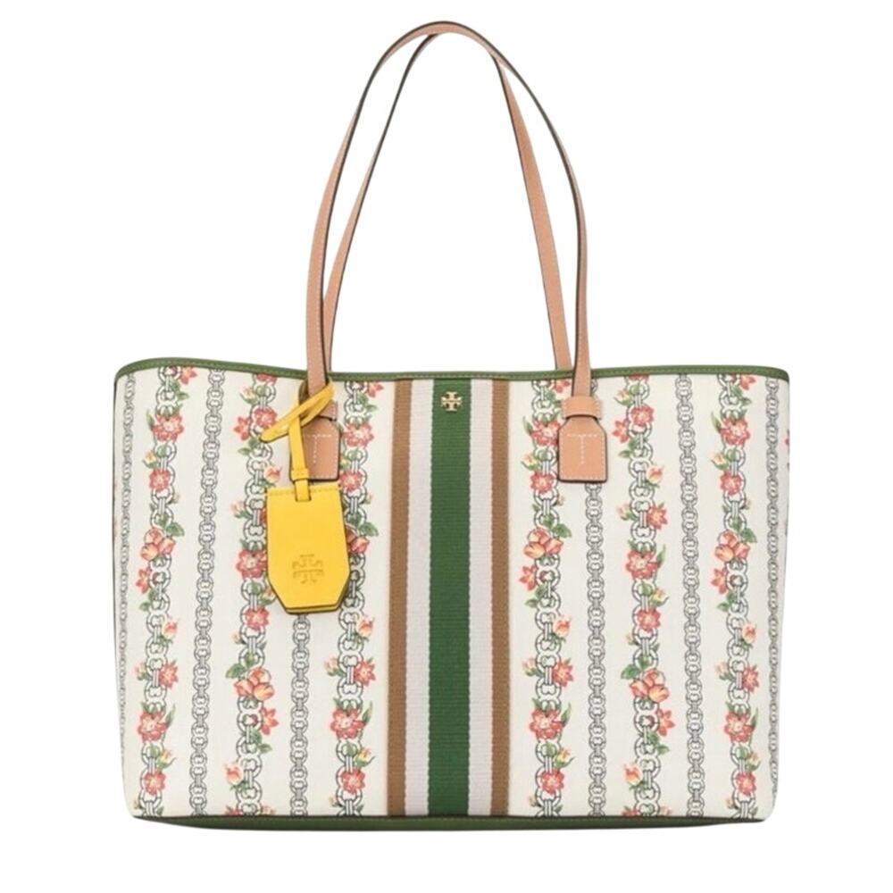 TORY BURCH Gemini Link Rose Canvas Floral Tote Bag Gold Tone Logo Green Cream